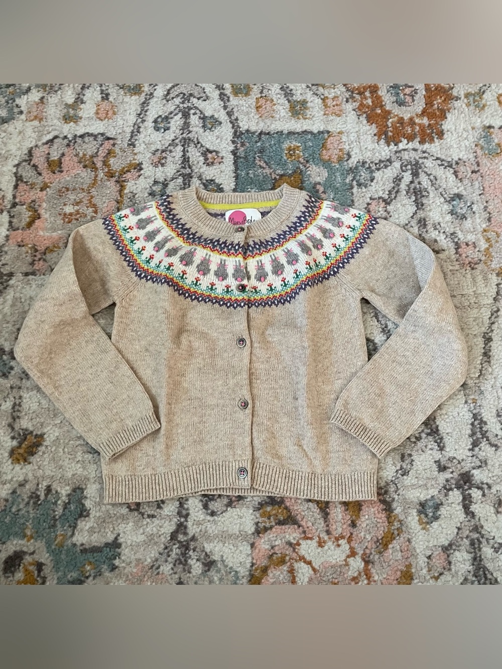 Mini Boden Beige Fair Isle Bunny Cardigan Sweater 7/8